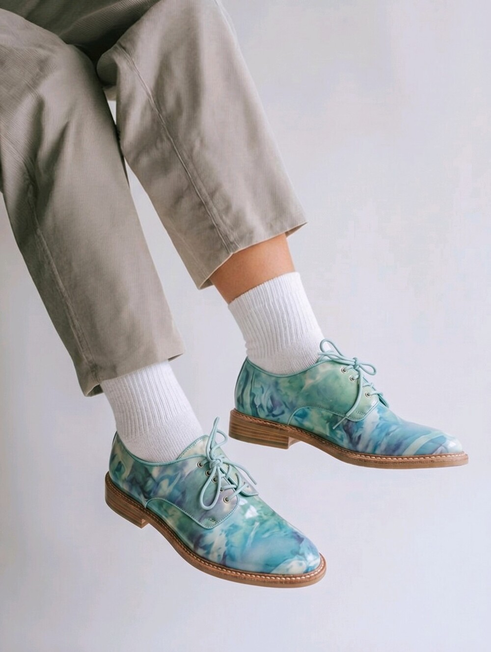 Miista Tie-Dye Green-Blue Derby Leather Lace-Up Oxfords